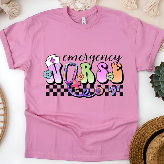 Emergency Nurse T-Shirt | Pastel Lettering with Stethoscope and Checkered Print Tee, Azalea, Size S