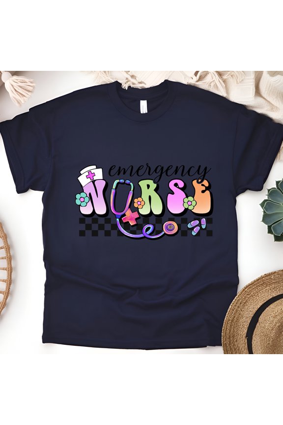 Emergency Nurse T-Shirt | Pastel Lettering with Stethoscope and Checkered Print Tee, Navy, Size M
