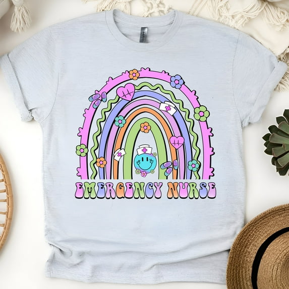 Emergency Nurse T-Shirt | Rainbow Pastel Graphic Tee with Flowers, Ash, Size M