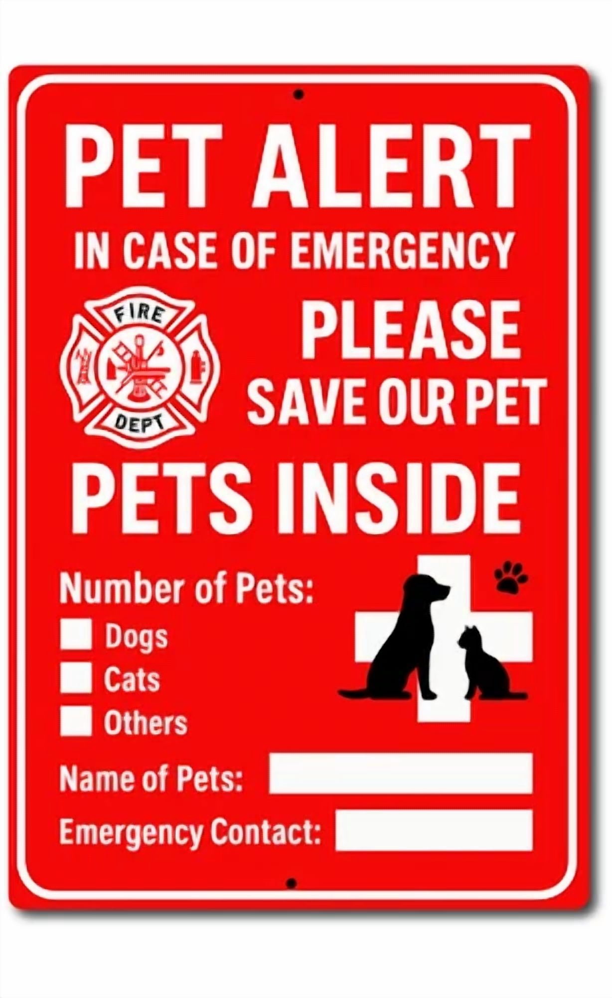 Emergency Pet Safety Alert Dog Cat House Fire Rescue Sign For Window ...