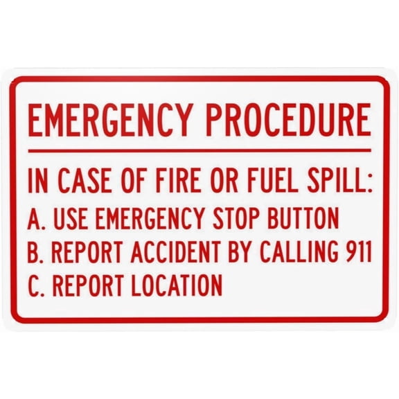 Emergency Procedure in Case of Fire Or Fuel Spill A Use Emergency Stop Button Warning Sign Metal Security Sign Wall Decor Home Business Yard Garden Street Road Fire Fuel Spill Procedure 8X12 Inch