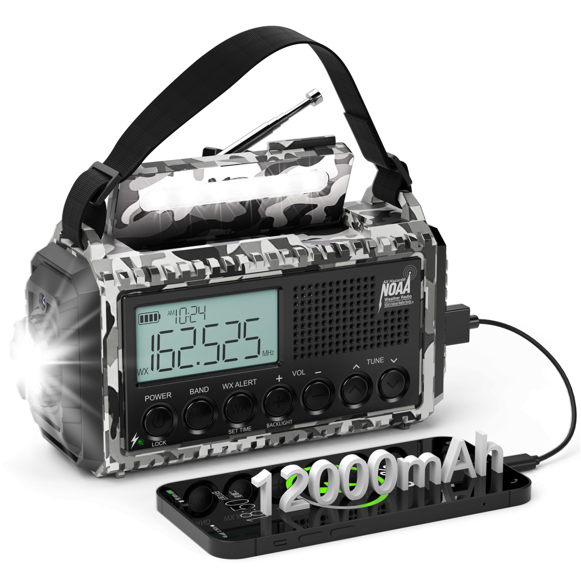 Emergency Radio 12000mah Auto Noaa Weather  Solar Hand Crank Portable Am/fm Shortwave With Rechargeable Flashlight Reading Lamp Sos Alarm For Indoor Outdoor Emergencies