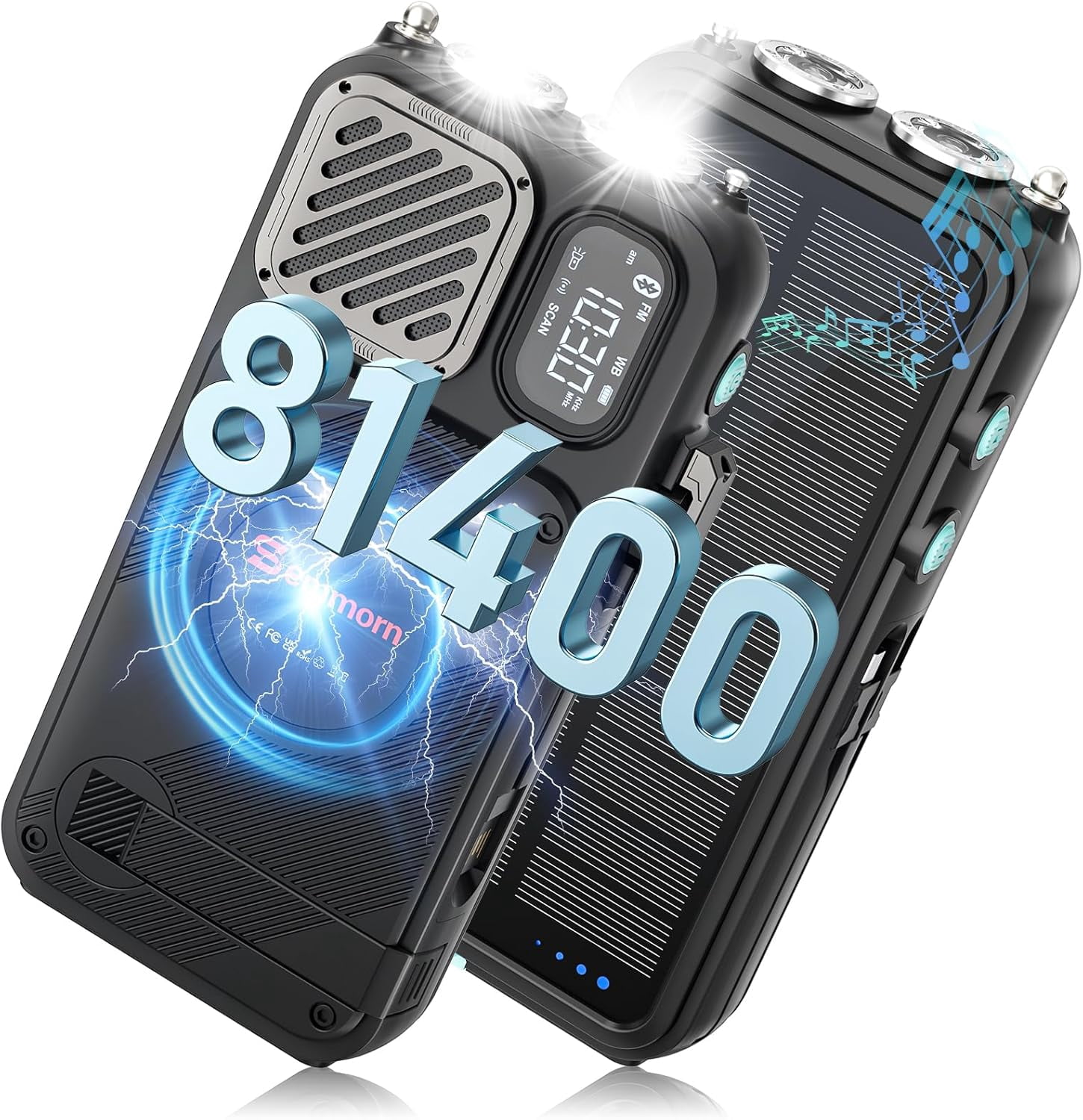 Emergency Radio&22000mAh Solar Power Bank, FM NOAA Weather Radio, Portable Hand Crank Bluetooth 20W Fast Charge Wireless Phone Charger, SOS Flashlight for Emergency/Home (Blue)