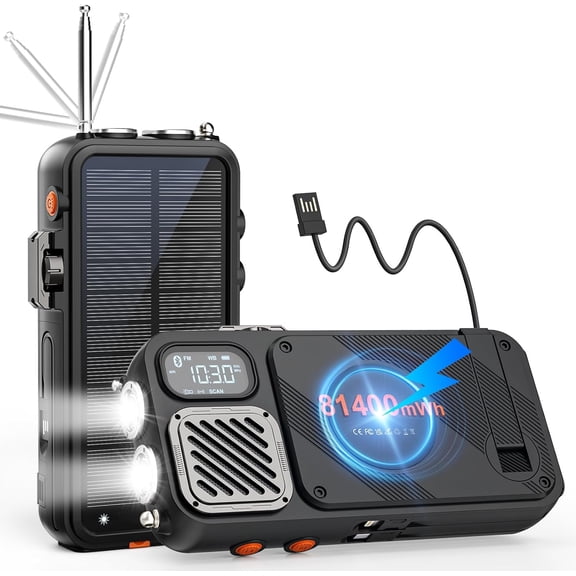 Emergency Radio&22000mAh Solar Power Bank, FM NOAA Weather Radio, Portable Hand Crank Bluetooth 20W Fast Charge Wireless Phone Charger, SOS Flashlight for Emergency/Home (Orange)
