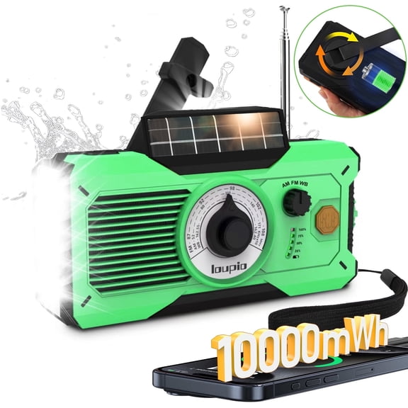 Emergency Weather Radio with AM/FM/WB, 10000mWh Portable Power Bank, 3 Charging Modes,USB, Solar & Hand Crank, Waterproof Flashlight & LED Reading Light, SOS Alarm for Camping, Hurricane