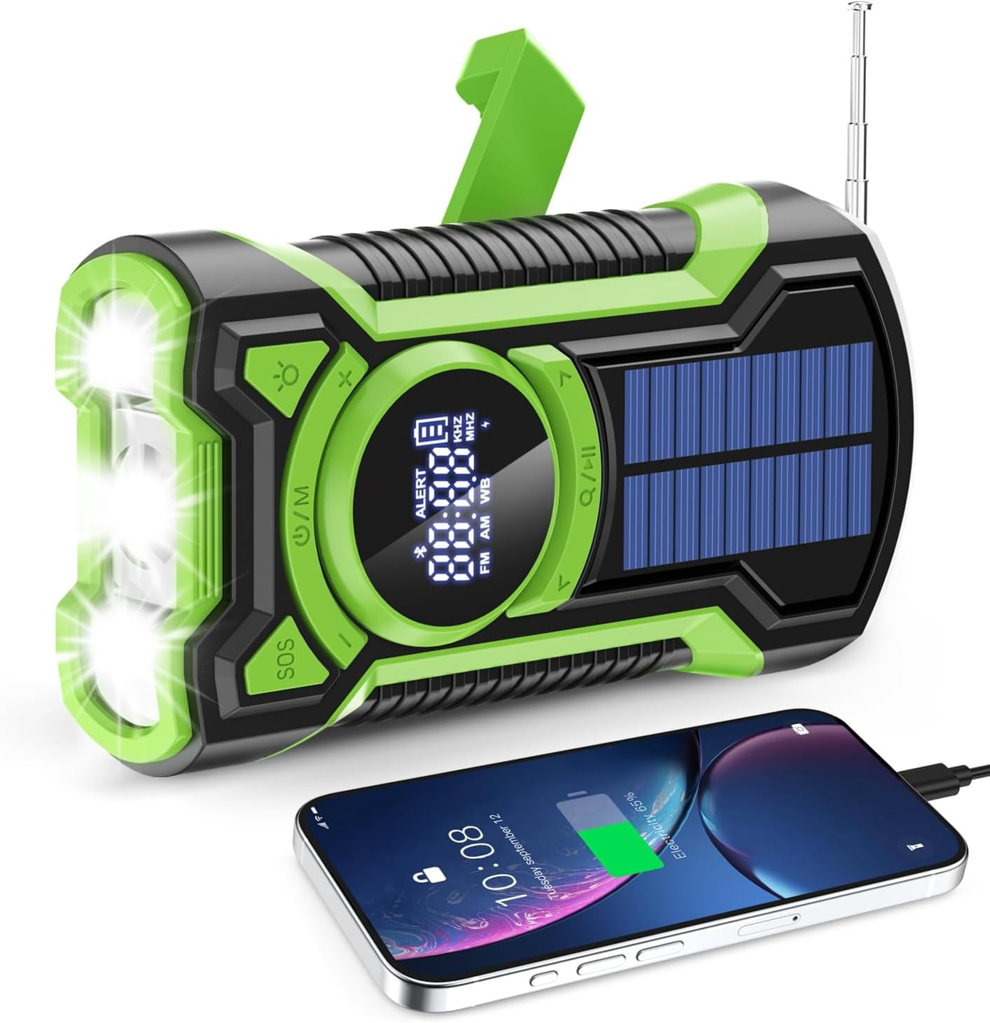 Emergency Radio Hand Crank Solar 5000mAh, IP65 Waterproof Dustproof Bluetooth 5.3 Portable AM/FM/NOAA Weather Alert Radio with Flashlight, Phone Charger, SOS, Headphone Jack- (Red)