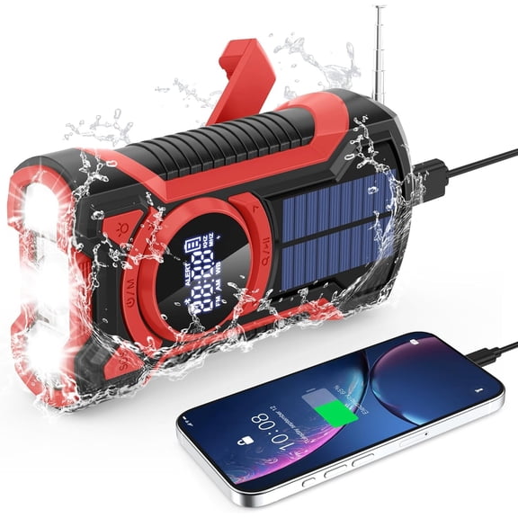Emergency Radio Hand Crank Solar 5000mAh, IP65 Waterproof Dustproof Bluetooth 5.3 Portable AM/FM/NOAA Weather Alert Radio with Flashlight, Phone Charger, SOS, Headphone Jack- (Red)