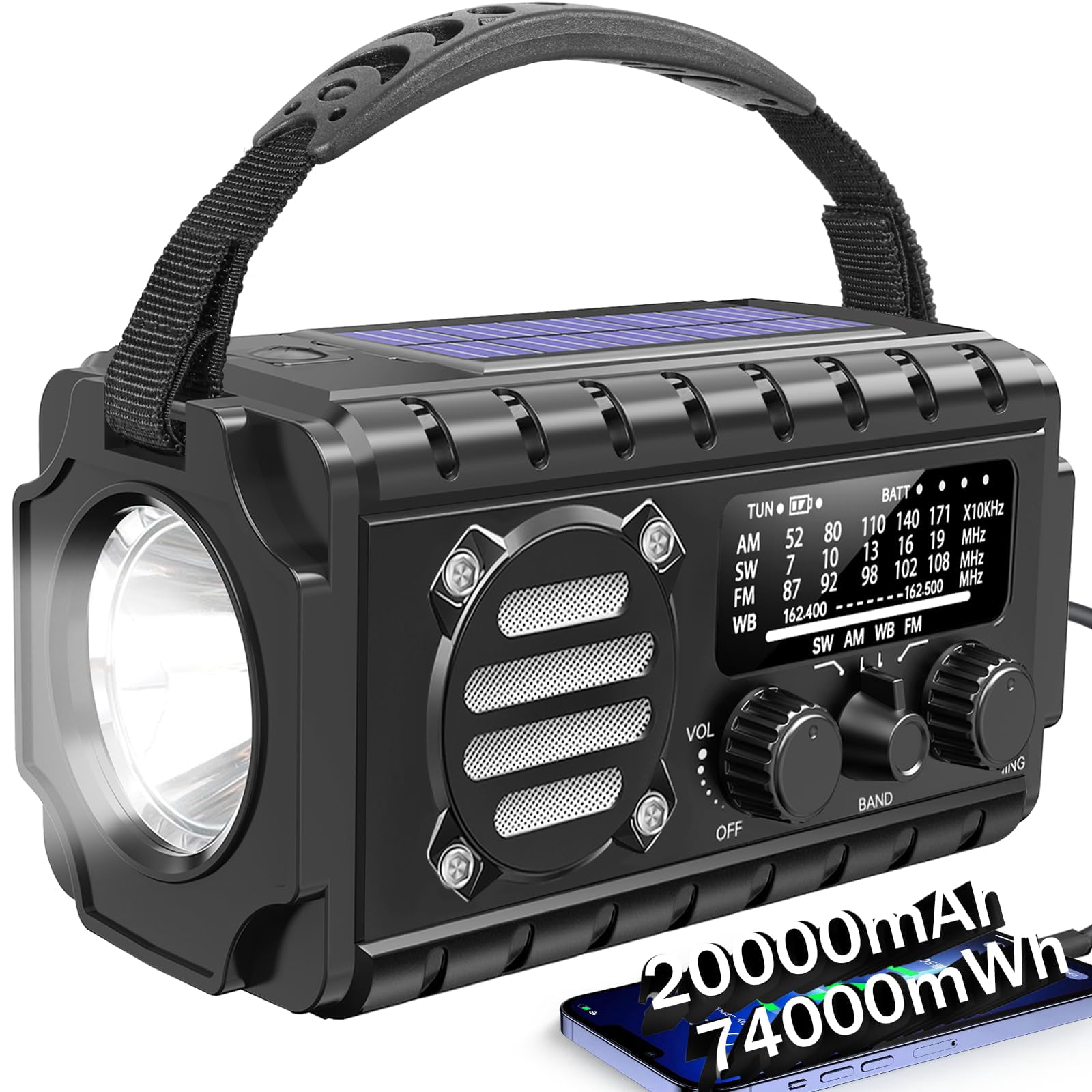Emergency Radio Hand Crank Solar  Am/fm/sw Noaa Weather Built-in 20000mah Large Type-c Flashlight Reading Light Sos Compact & Portable For Camping/emergencies