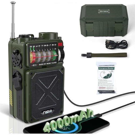 Emergency Radio Hand Crank Solar - NOAA/AM/FM Shortwave for Camping | Bluetooth Speaker,TF Playback,Solar Powered,Hand Crank,Flashlight,SOS Alarm,Weather Alert,Phone Charger Power Outage
