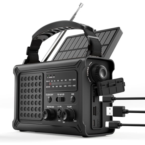 Emergency Radio, Hand Crank & Solar Powered NOAA Weather Radio, 12000mAh Power Bank, AM/FM, LED Flashlight & Reading Lamp for Hurricane, Blizzard, Power Outage, Outdoor Camping, Survival Gear