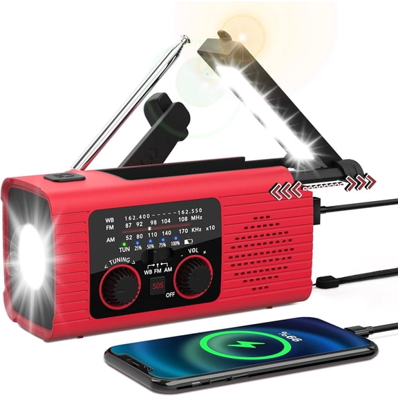 Emergency Radio, Solar Charging Weather Alert Radio, Portable AM/FM/NOAA Radio with LED Flashlight,Reading Lamp,4000mAh Power Bank,USB Charged,SOS Alarm, Hand Crank Emergency Radio for Outdoor Indoor