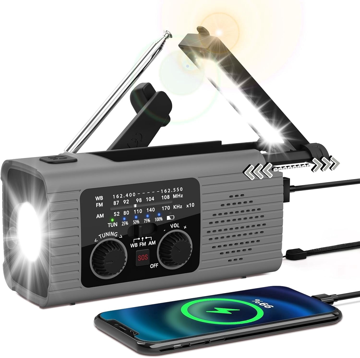 Emergency Radio, Solar Charging Weather Alert Radio, Portable AM/FM/NOAA Radio with LED Flashlight,Reading Lamp,4000mAh Power Bank,USB Charged,SOS Alarm, Hand Crank Emergency Radio for Outdoor Indoor