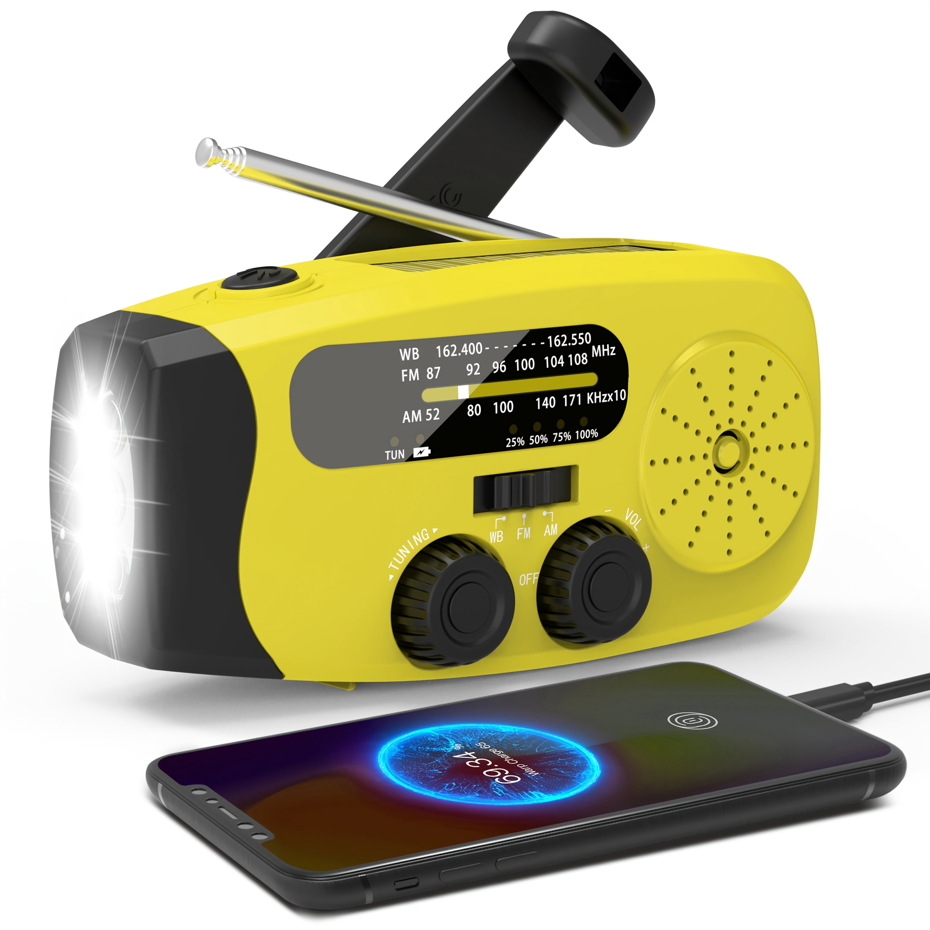 Emergency Radio: Solar-Powered, Power Bank, Hand Crank, AM/FM NOAA Portable Weather Radio, 2000mAh Mobile Power, USB Charging, Solar, With LED Flashlight, Hurricane, Survival Gear, Winter Storm