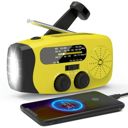 Emergency Radio: Solar-Powered, Power Bank, Hand Crank, AM/FM NOAA Portable Weather Radio, 2000mAh Mobile Power, USB Charging, Solar, With LED Flashlight, Hurricane, Survival Gear, Winter Storm