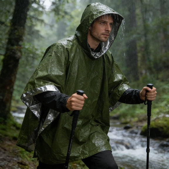 Emergency Rain Poncho with Hood,49x40" Emergency Survival Cold Weatherproof Blanket,Insulation Warming Waterproof Equipment For Outdoor Survival,Portable Rain Poncho For Camping