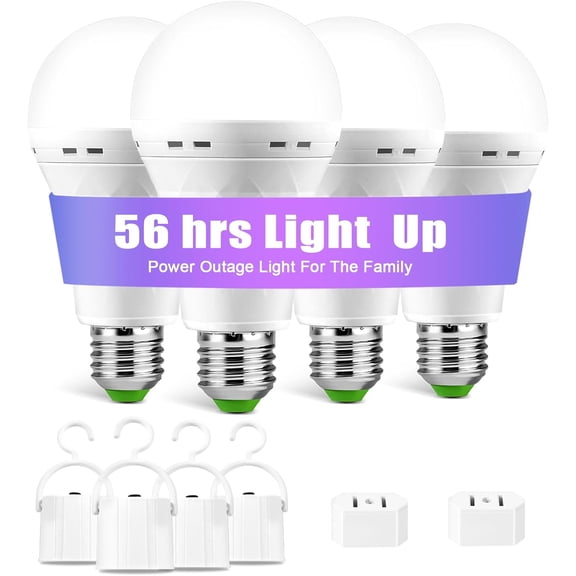 Emergency-Rechargeable-Light-Bulb, Stay Lights Up When Power Failure, 1500mAh 12W 60W Equivalent LED Light Bulbs for Home, Camping, Hiking (E27, with Hook,with Plug Cap) 4 Pack