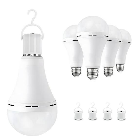 Emergency Rechargeable Light Bulbs 4 PCS, Keep Lighting When Power Failure, A21 9W 60W Equiv., Battery Operated Light Bulb with 1200mAh for Home Camping, Emergency Time 4-5 hrs(with Hook, Warm White)