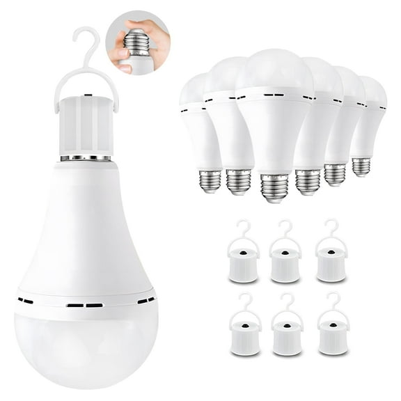 Emergency Rechargeable Light Bulbs 6 PCS, Keep Lighting When Power Failure, A21 9W 60W Equiv., Battery Operated Light Bulb with 1200mAh for Home Camping, Emergency Time 4-5 hrs(with Hook, Warm White)