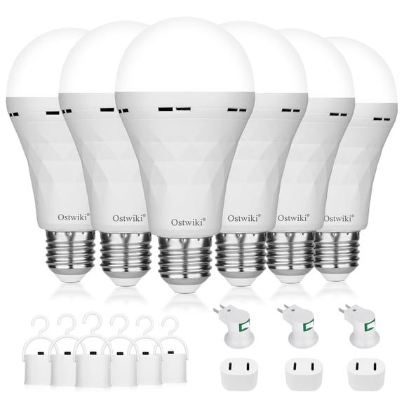 Emergency Rechargeable Light Bulbs,6 Pack Battery Operated Backup Light Bulb for Power Outage Camping Outdoor Hurricane 9W E27 8500K 1200mAh White Equivalent Self-Charging LED Light Bulbs