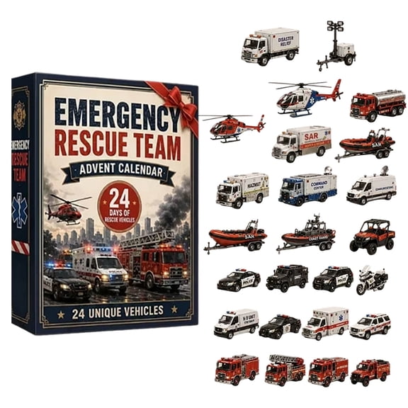 Emergency Rescue Team Advent Calendar, 24 Days Christmas Countdown with Fire Truck Ambulance Helicopter Boat Rescue Vehicles for Kids Boys First Responders Gift
