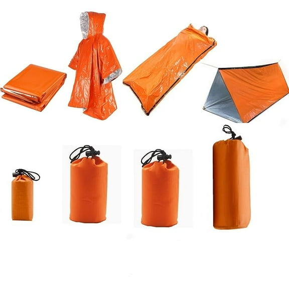 Emergency Shelter Sets, Survival Shelter 1 Survival Tent 1 Mylar Blankets 1 Emergency Sleeping Bag 1 Poncho for Outdoor Carcar kits, Camping, Hiking (Orange)