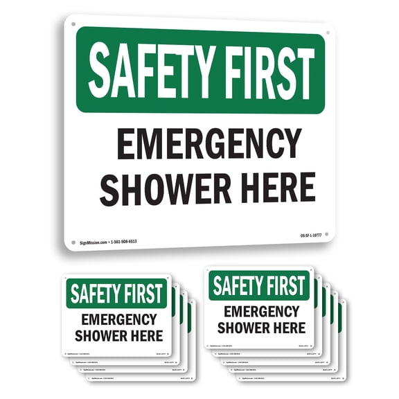 Emergency Shower Here OSHA SAFETY FIRST Aluminum Sign 10 Inch x 7 Inch - 10 Pack