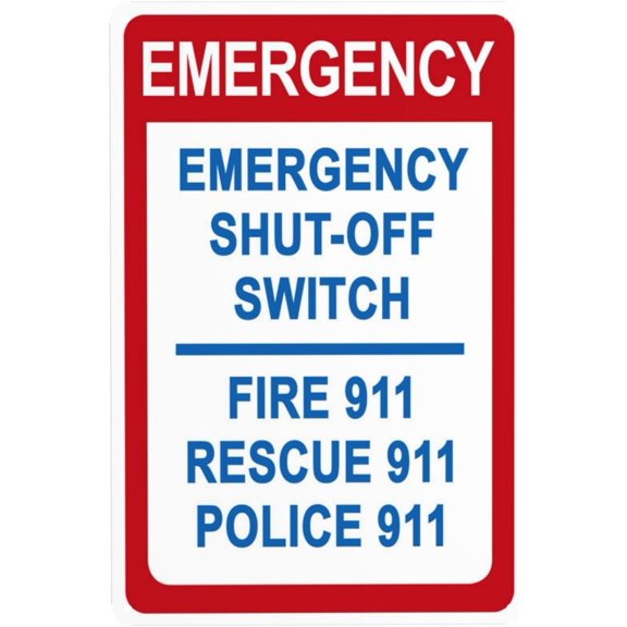 Emergency Shut-Off Switch, 911 Warning Sign, Security Safety Metal Signs, Vintage Caution Poster Wall Decor for Business Office Home Street Road Use 8 x 12 Inch