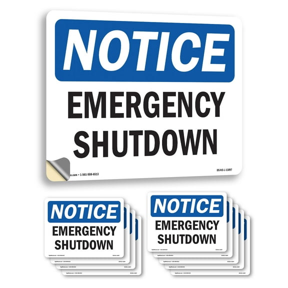 Emergency Shutdown OSHA Notice Vinyl Decal Label 18 Inch x 12 Inch - 10 Pack