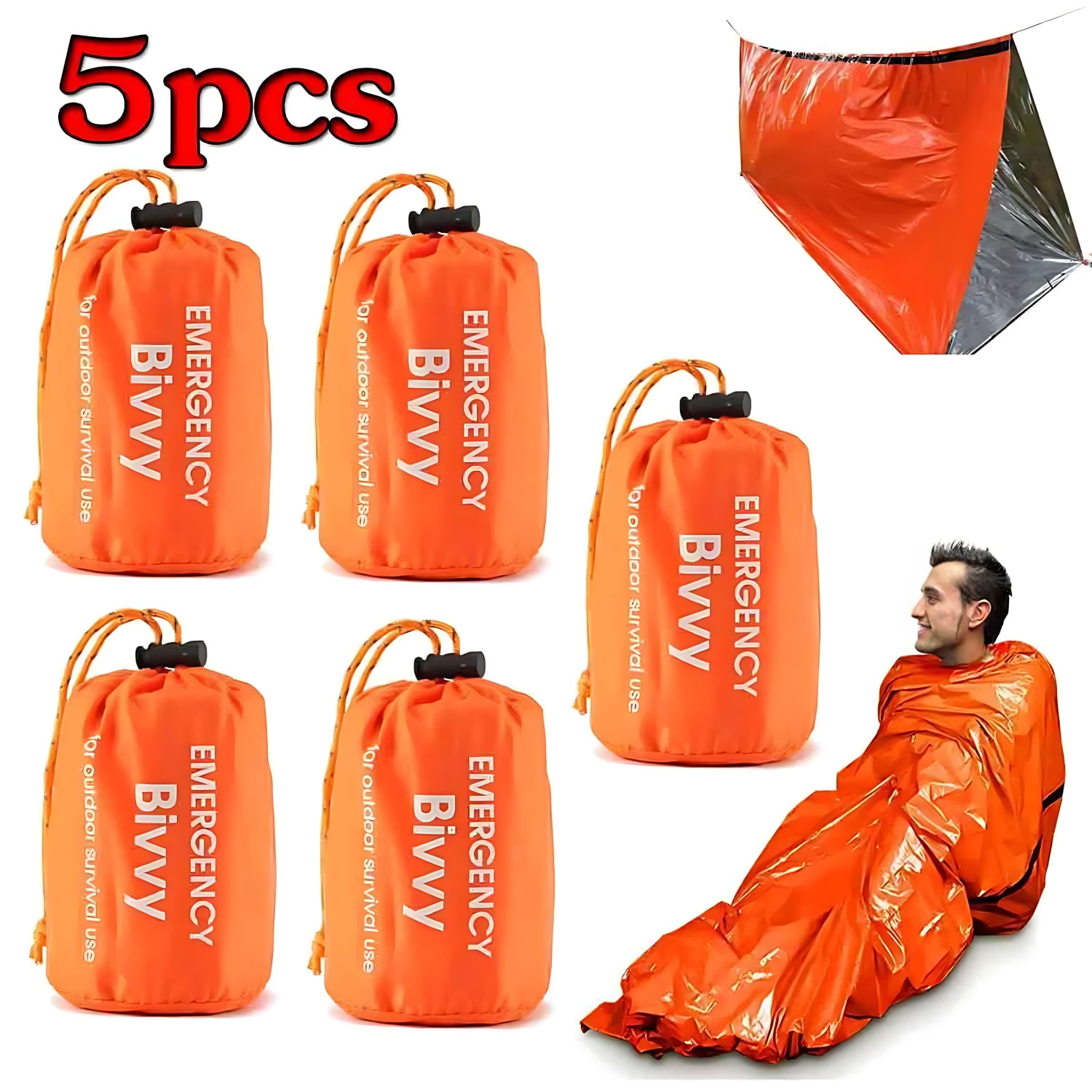 Emergency Sleeping Bag 5 Pack  Waterproof Thermal Bivy Sack, 84"x36", Lightweight Compact Survival Blanket for Camping, Hiking, Outdoor Travel & Emergency Gear