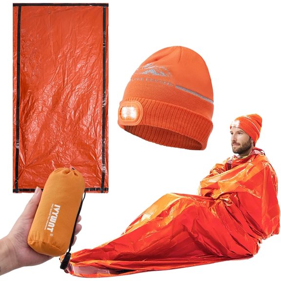 Emergency Sleeping Bag & LED Beanie Hat Set, Waterproof Thermal Mylar Bivy Sack, Portable Survival Gear for Hiking, Camping, Bug-Out Bags & Emergency Kits
