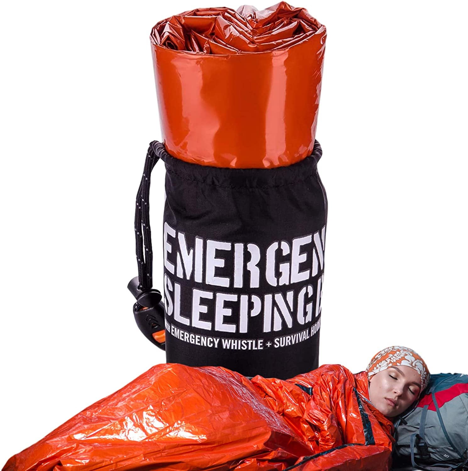 Emergency Sleeping Bag  Reflective Bivy Sack  Mylar Thermal Survival Bag  Includes Whistle, Compass and Survival Hook - Pack of 2