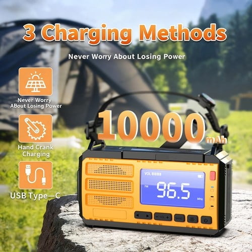 Emergency Solar Crank Radio, 10000mAh Power Bank&Flashlight for Outdoor Survival