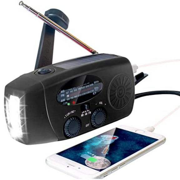 Emergency Solar Hand Crank Radio with LED Flashlight,Portable Am Fm NOAA Weather Radio,2000mAh Solar Survival Camping Cell Phone Charger for Home and Outdoor（Black）