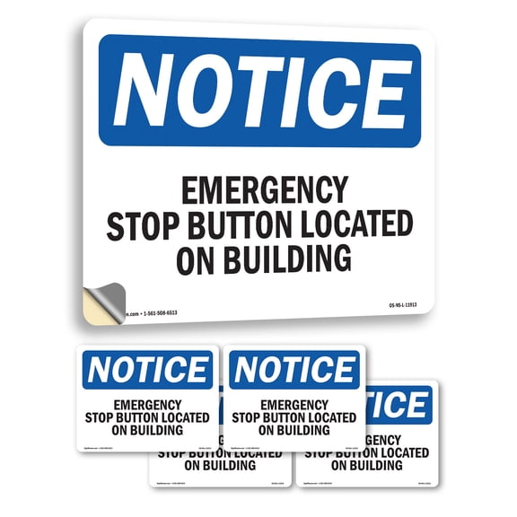 Emergency Stop Button Located On Building OSHA Notice Vinyl Decal Label 5 Inch x 3.5 Inch - 5 Pack