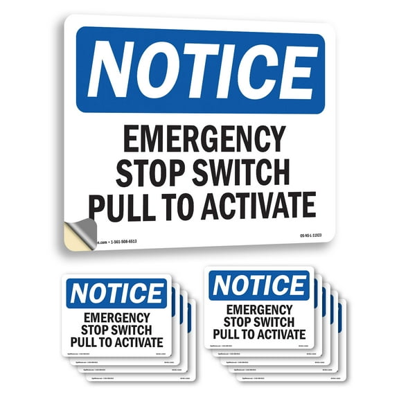 Emergency Stop Switch Pull To Activate OSHA Notice Vinyl Decal Label 14 Inch x 10 Inch - 10 Pack