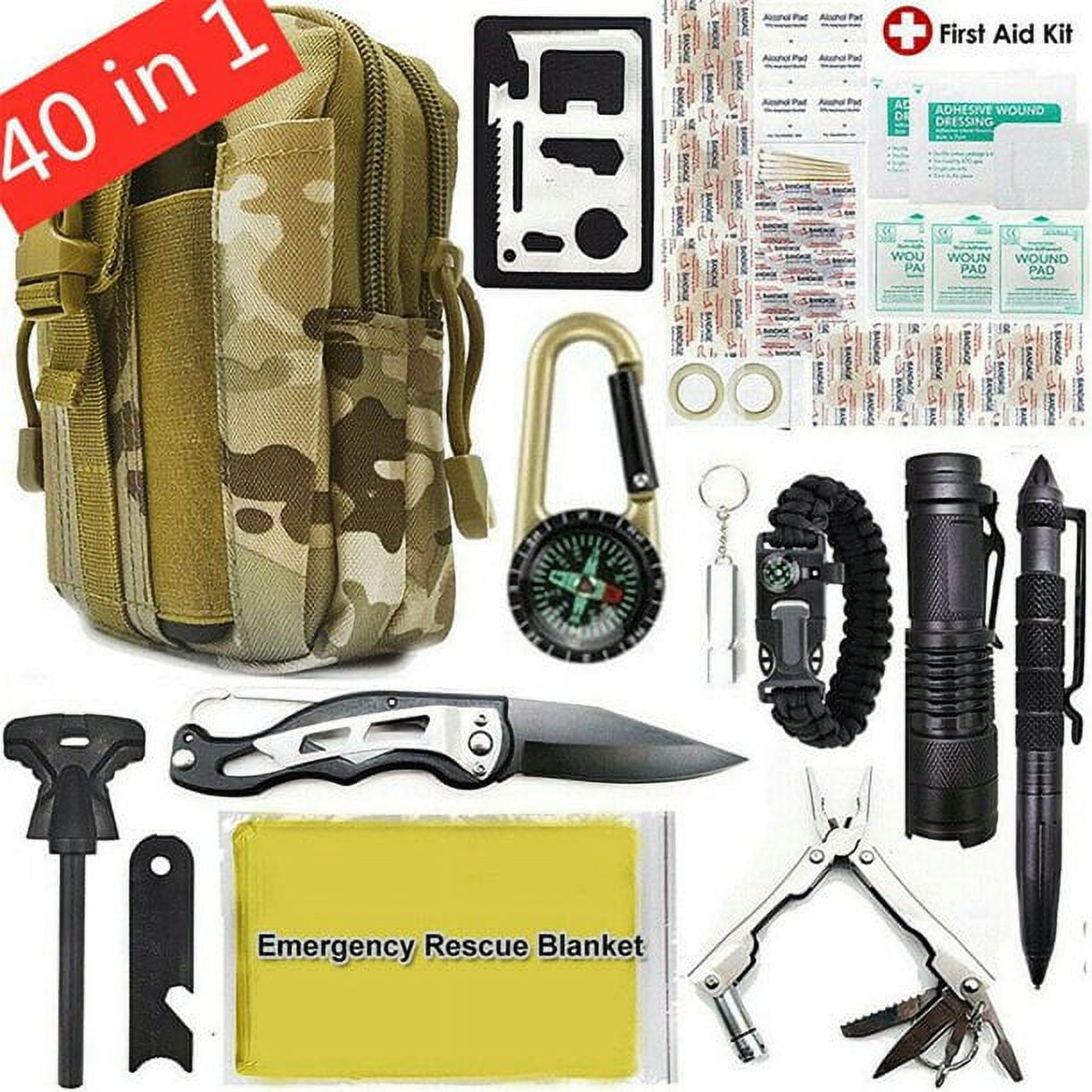 Emergency Survival Gear Kit, MDHAND 40-In-1 Survival Gear, And Equipment,  With First Aid Compass Knife Tactical Tools, Backpacking, Outdoor Camping  Hiking Bikes Husbands/ Boyfriends/ Fathers, HD196 