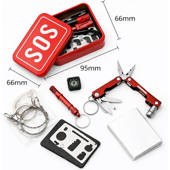 Emergency Survival Kit - Multi-Tool Pliers, Compass, Whistle in Metal Storage Box (Red shell)