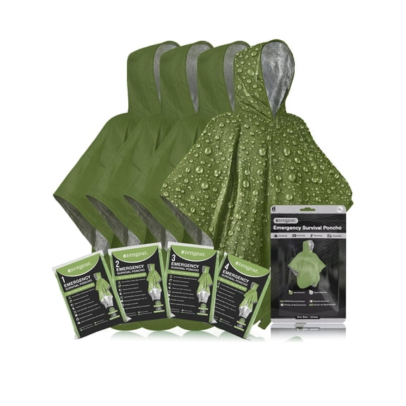 Emergency Survival Poncho (4pc) Thermal Mylar Foil Blanket for Heat Retention and Rain | Reversible with Hood | Waterproof, Windproof, Hands-free, Outdoor Kit (Green)