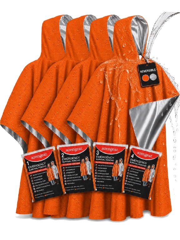 Emergency Survival Poncho (4pc) Thermal Mylar Foil Coating Blanket for Car, Heat Retention, Rain - Waterproof Outdoor Kit