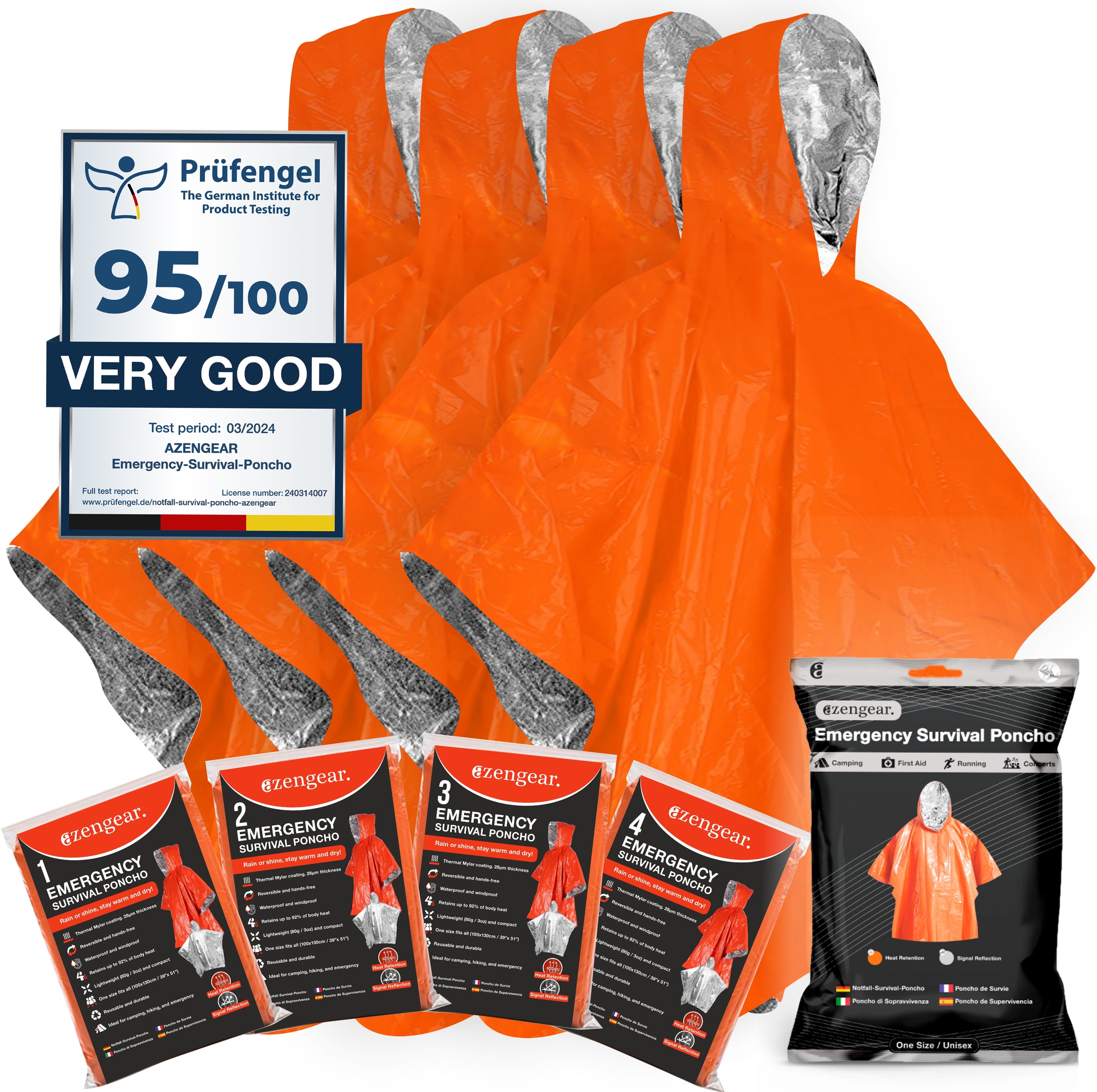 aZengear Emergency Survival Poncho (4pc) Thermal Mylar Foil Coating Blanket for Car, Heat Retention, Rain | Reversible with Hood | Waterproof, Windproof, Portable, Outdoor Kit