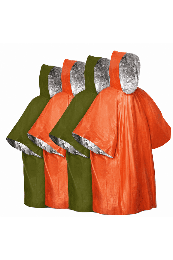 Emergency Thermal Rain Poncho 4 Pack, 47.2x31.5 Inch Aluminum Foil Insulated Survival Coat, Waterproof Windproof for Camping Hiking, Orange Green