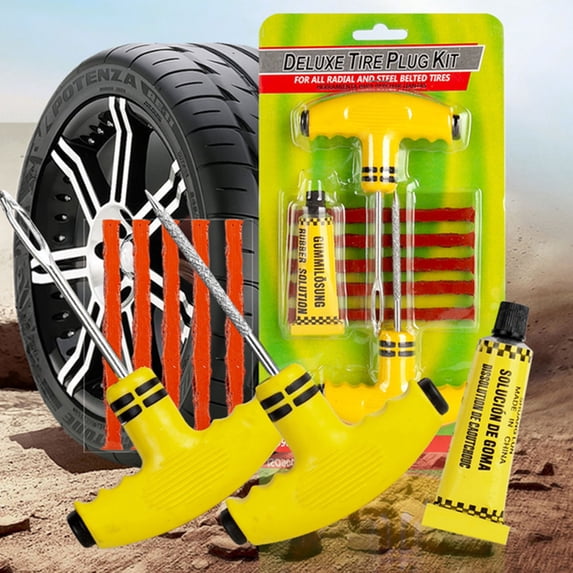 Emergency Tubeless Tire Repair Tool Kit, Universal Vacuum Tire Puncture Repair Set with Rubber Strips & Glue, Quick Fix Portable Tire Patch Tool for Car Motorcycle Bike SUV Off-Road Vehicle