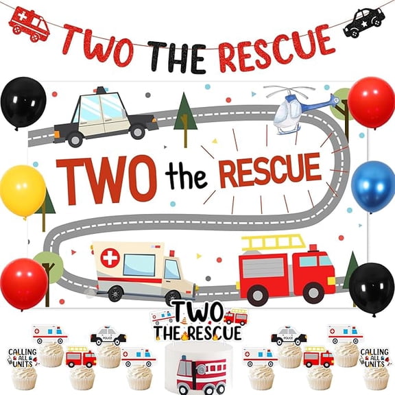 Emergency Vehicle Birthday Party Decorations - Two the Rescue Banner, Backdrop, Cake & Cupcake Toppers, Balloons for Boys - Red, White, Black - 2nd Birthday Party
