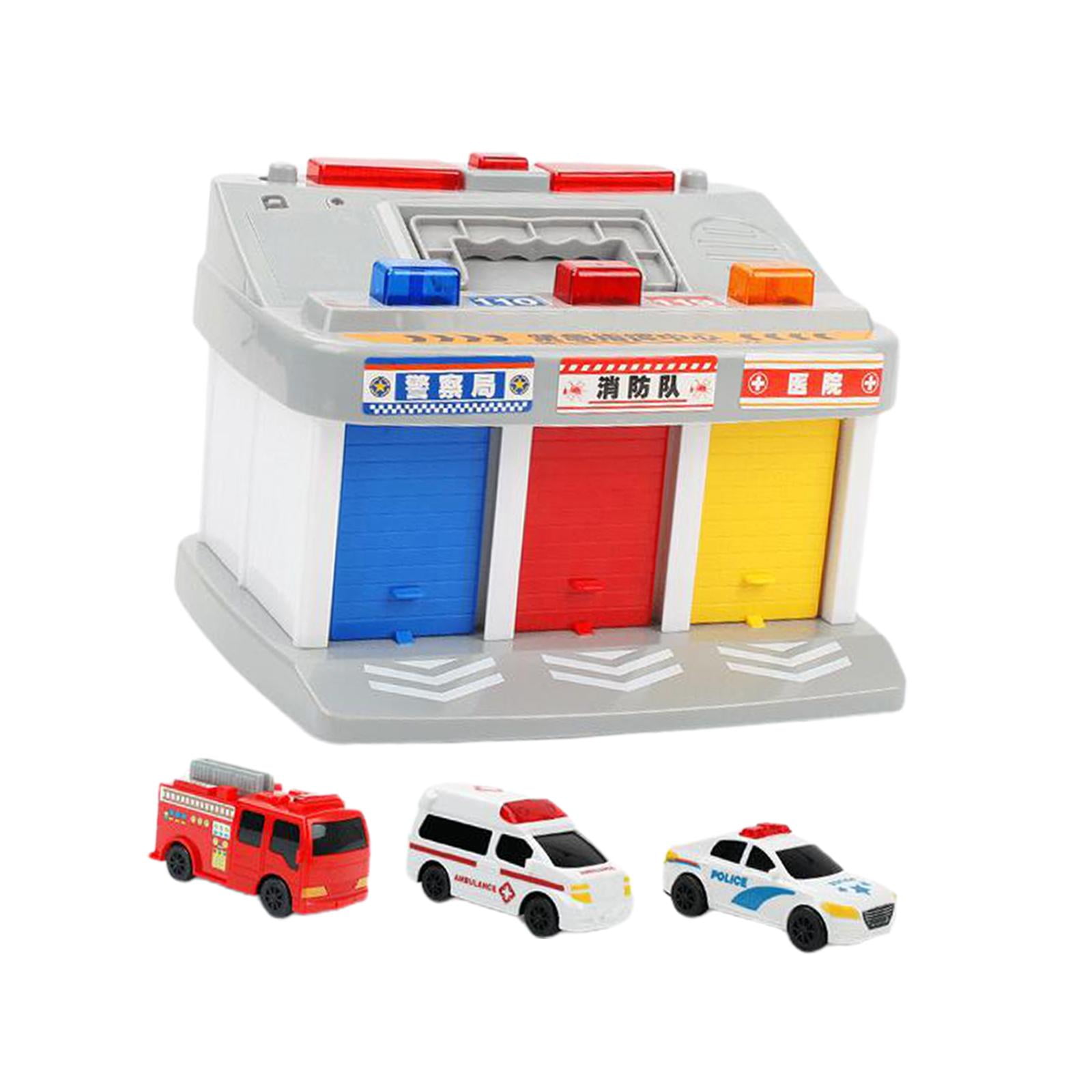 Emergency Vehicle Station with 3 Mini Cars Toy, Vehicle Parking Garage