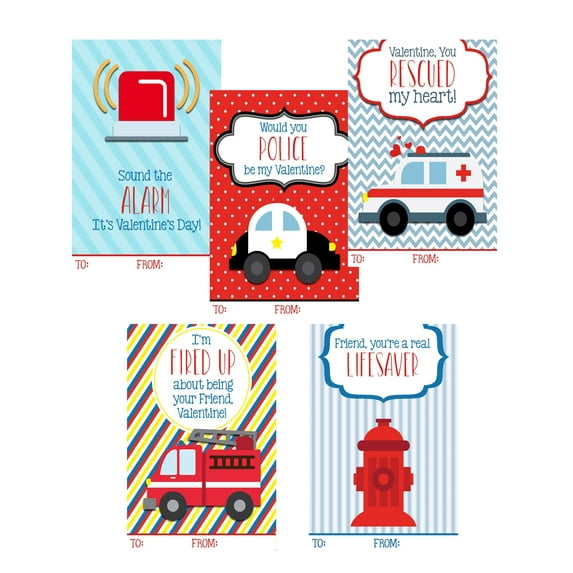 Emergency Vehicle Valentine Day Classroom Sharing Cards (Set of 25) Police Ambulence Firefighter Fire Truck Exchange