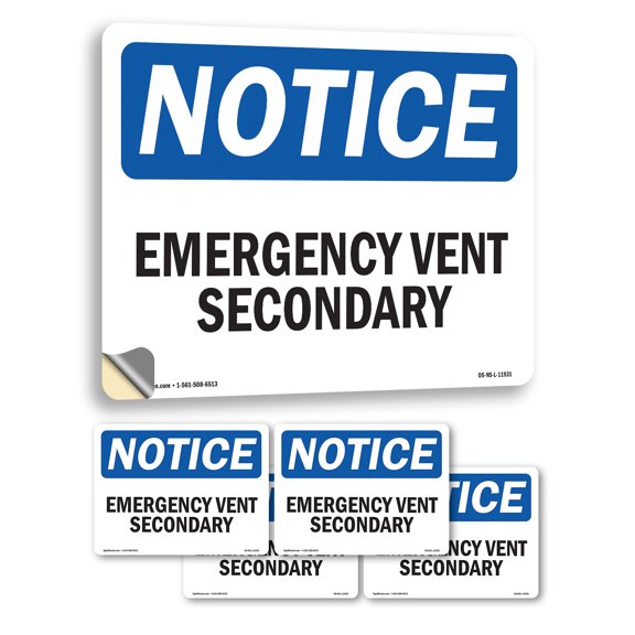 Emergency Vent Secondary OSHA Notice Vinyl Decal Label 24 Inch x 18 Inch - 5 Pack