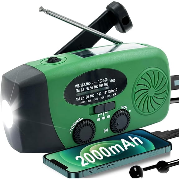 Emergency Weather Radio, 2000mah Solar Hand Crank AM/FM NOAA Portable Battery Powered Radios with Cell Phone Charger, LED Flashlight, SOS Alarm for Camping, Emergencies