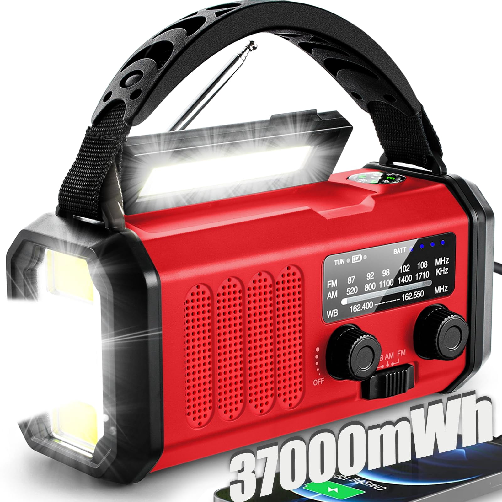 Emergency Weather Radio 37000mwh Portable Noaa/am/fm Crank  Reading Light Solar Sos Flashlight Multiple Power Sources For Hurricanes And Emergencies
