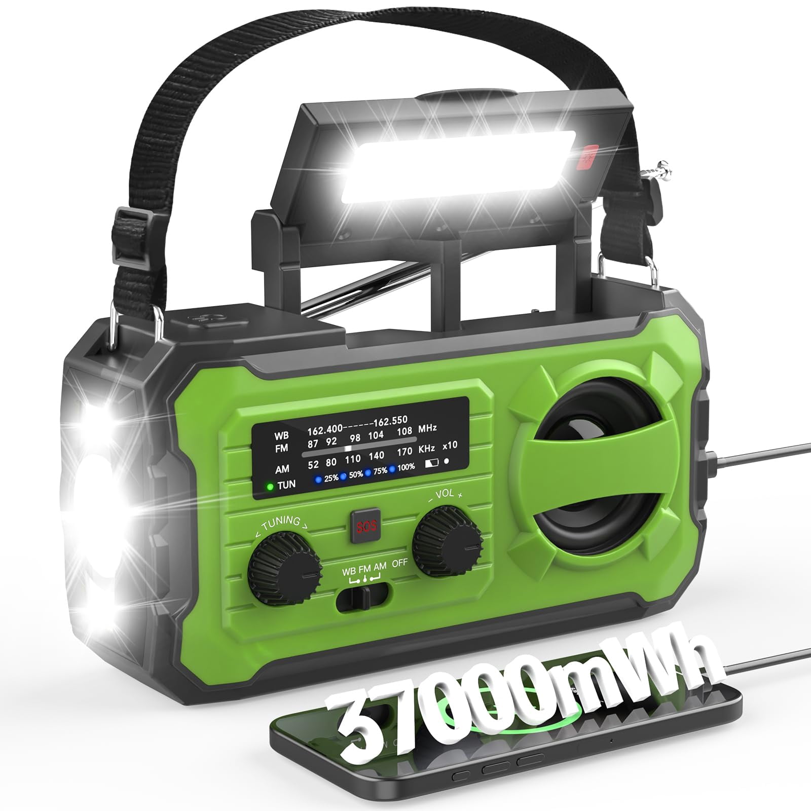 Emergency Weather Radio 37000mwh Solar Hank Crank Usb Charged With Noaa/am/fm  Flashlight Reading Light Sos Alarm For Kit Indoor Outdoor Power Outage