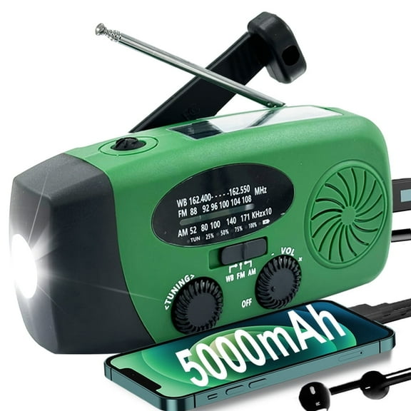 Emergency Weather Radio, 5000mah Solar Hand Crank Radio, AM/FM NOAA Portable Battery Powered Radios with Cell Phone Charger, LED Flashlight, SOS Alarm for Camping, Emergencies